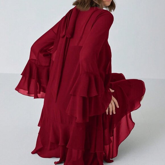 Burgundy Elegant Women's Stand Collar Long Sleeve flowy Short ruffled hem Dress - Picture 5 of 8